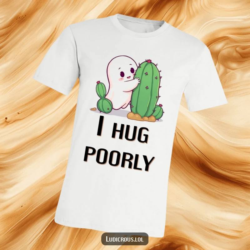 Funny ghost in mid-hug attempt with a spiky cactus, conveying a humorous and slightly painful embrace, perfect for a funny tee.