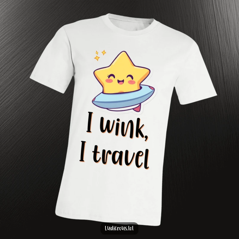 Funny t-shirt depicting a cheerful star winking and transforming into a cute, small spaceship, perfect for space enthusiasts.
