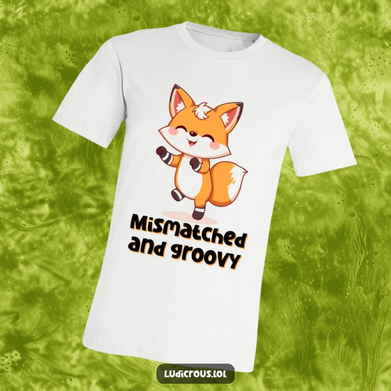 Funny t-shirt showing a cheerful fox in mismatched socks doing a silly dance, perfect for a funny and expressive gift.