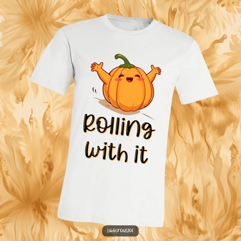 Funny plump pumpkin t-shirt, comically rolling downhill, arms windmilling wildly, capturing festive autumn energy.