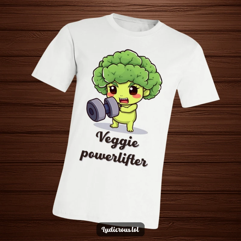 Funny broccoli floret t-shirt, comically attempting to lift a dumbbell, promoting healthy habits with a laugh.