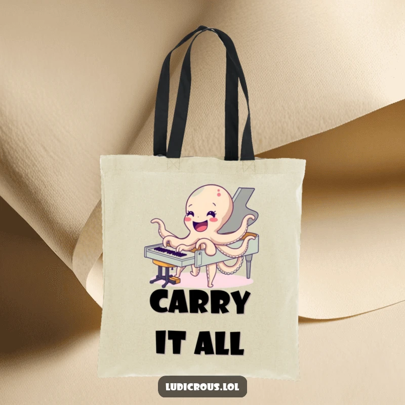 Funny tote bag showcasing a delighted octopus playing a piano with all its arms, perfect for carrying items with musical and humorous flair.