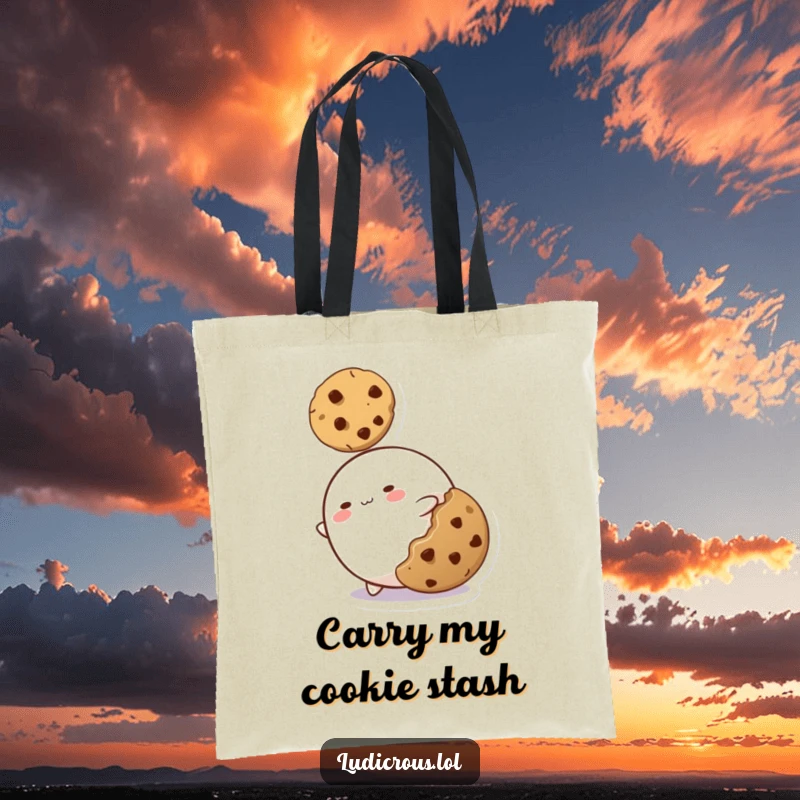 Funny tote bag with a playful blob character stretching to reach a cookie, highlighting a humorous and relatable desire.