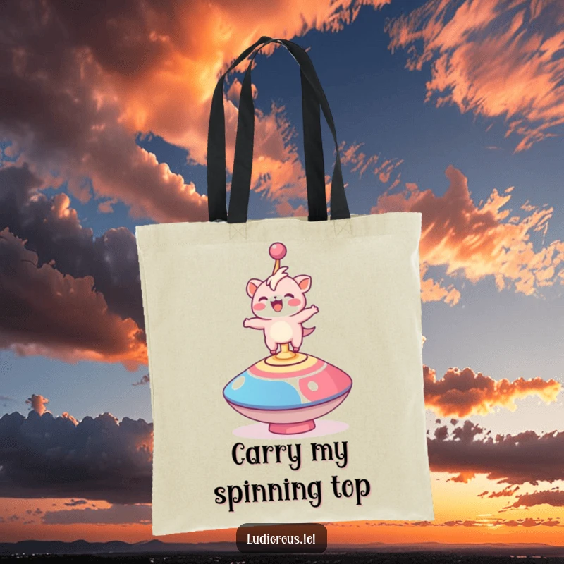 Funny tote bag with a delighted creature comically balancing on a giant spinning top, a symbol of playful adventure.