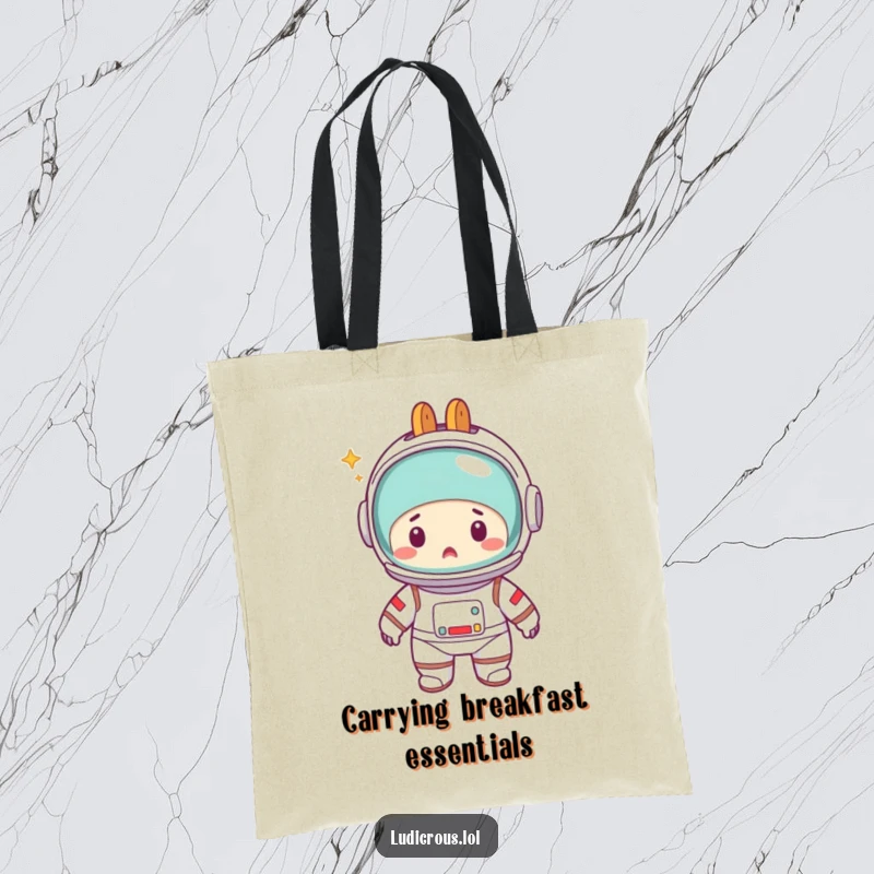 Funny tote bag featuring a startled astronaut in a spacesuit, with a toaster inexplicably worn as a helmet, ready for mission success.