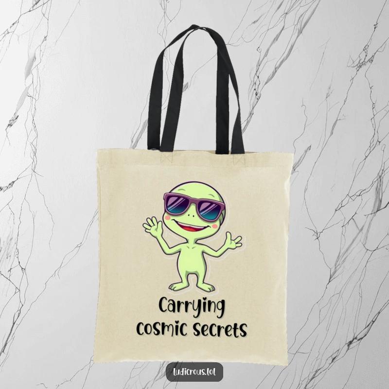 Funny tote bag illustration of a giggling alien with enormous, dark sunglasses, joyfully waving multiple arms, ready for any mission.