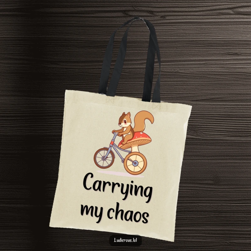 Funny tote bag illustrating a bewildered squirrel precariously balancing atop a large, wobbly mushroom, attempting to ride it like a unicycle.