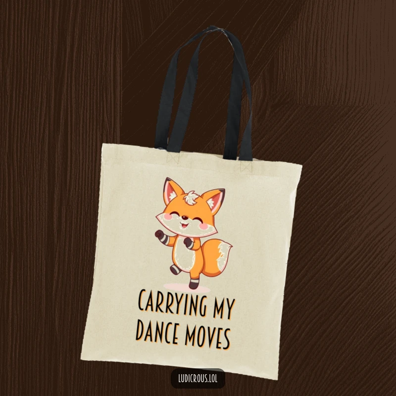 Funny tote bag with a cheerful fox in mismatched socks doing a silly dance, perfect for a stylish and humorous gift.