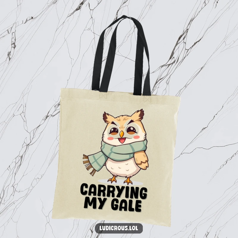 Funny tote bag featuring a grinning owl with a giant scarf being blown away by the wind, perfect for humorous carrying.