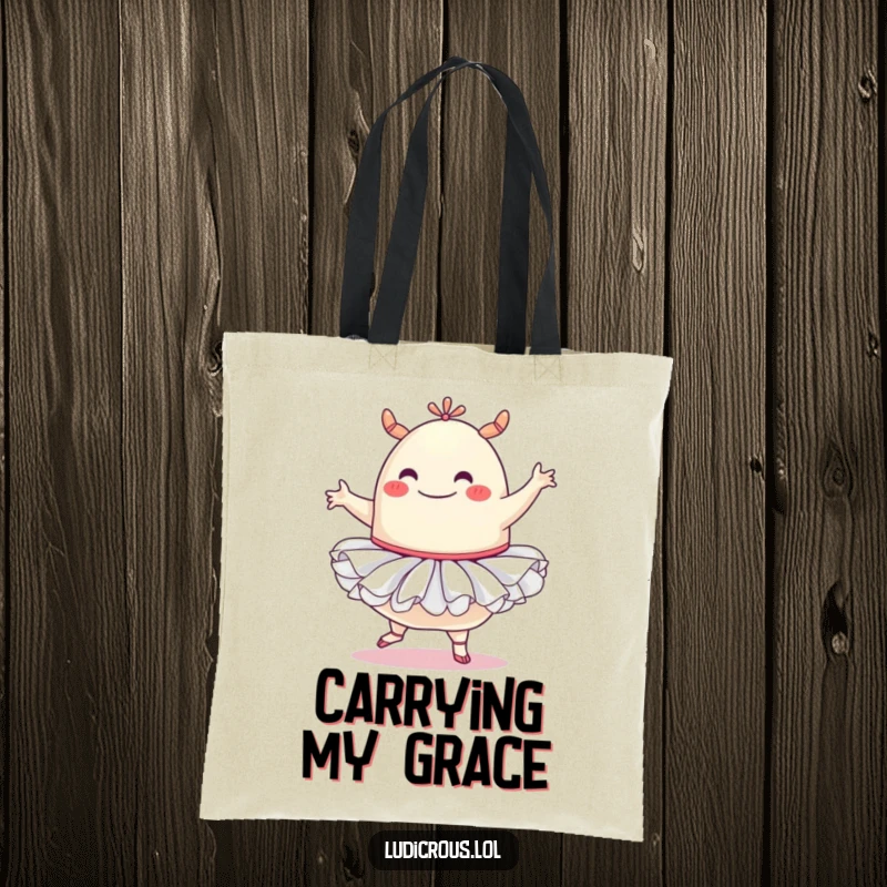 Funny tote bag illustration of a happy blob monster in a tutu, striking a comical ballet pose with great enthusiasm.