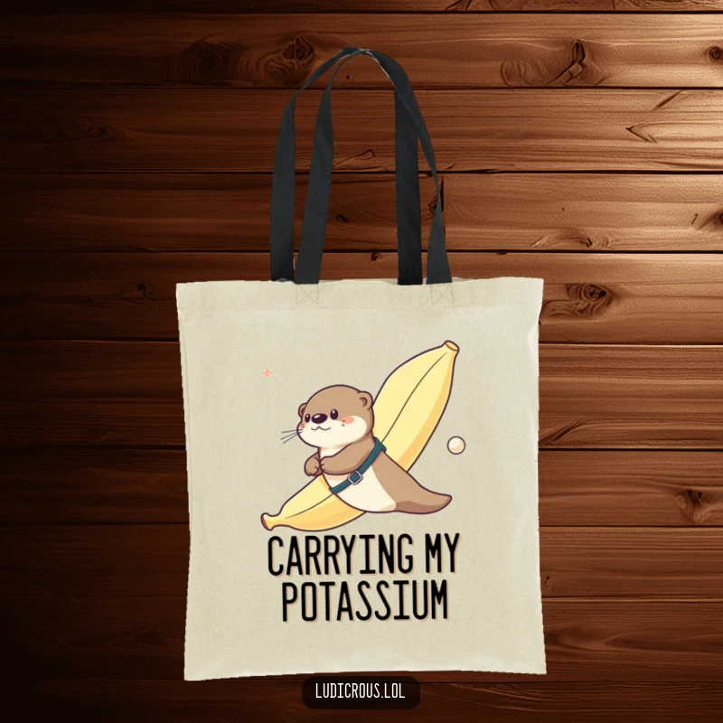 Funny tote bag featuring an otter strapped to a giant banana flying through space, embodying humorous and absurd cosmic travel.