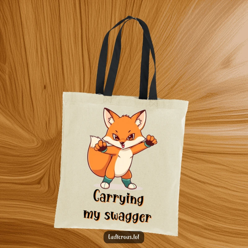 Funny tote bag featuring a determined fox in a dramatic pose, sporting mismatched socks. Stylish and humorous accessory for carrying essentials.