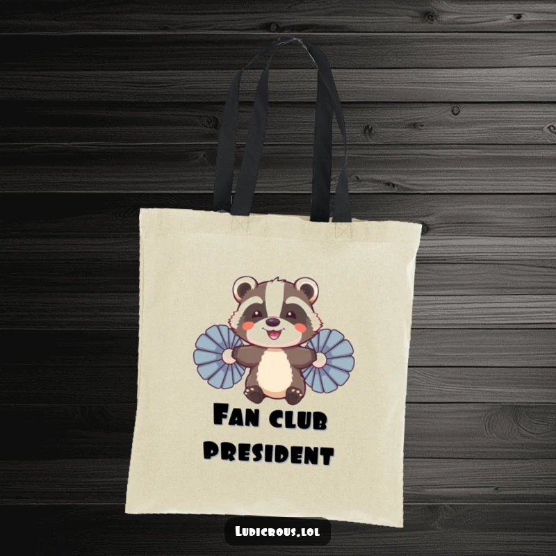 Funny Badger Tote Bag, a smiling badger using feather fans to try flying, perfect for carrying essentials with personality.