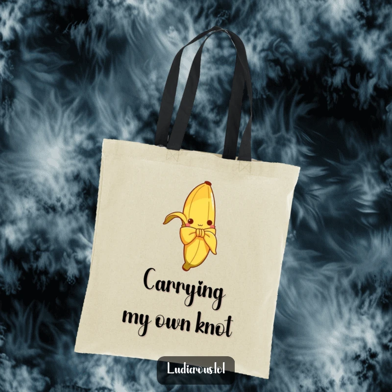 Funny tote bag with a curious banana peel hilariously trying to tie itself into a bow, a whimsical and practical accessory.