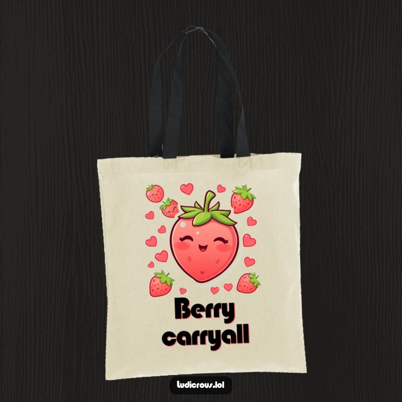 Funny blushing strawberry tote bag winking with its seeds, a cute and humorous accessory for shopping.