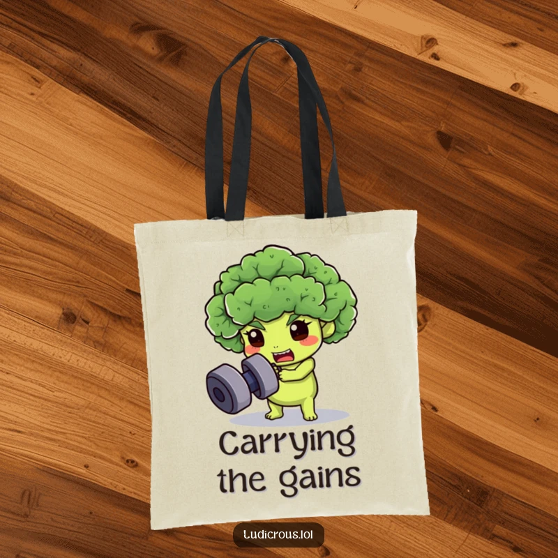 Funny broccoli floret tote bag, determinedly trying to lift a dumbbell, making gym trips and errands amusing.