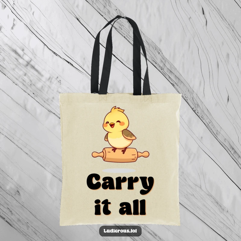 Funny Chickadee Tote Bag, a giggling chickadee joyfully riding a rolling pin, ready for adventures.