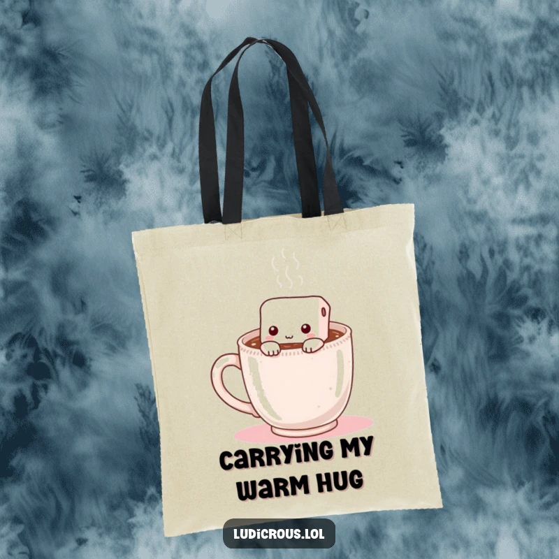 Funny tote bag depicting a shy marshmallow hiding inside a steaming mug of hot chocolate, a whimsical and practical accessory.