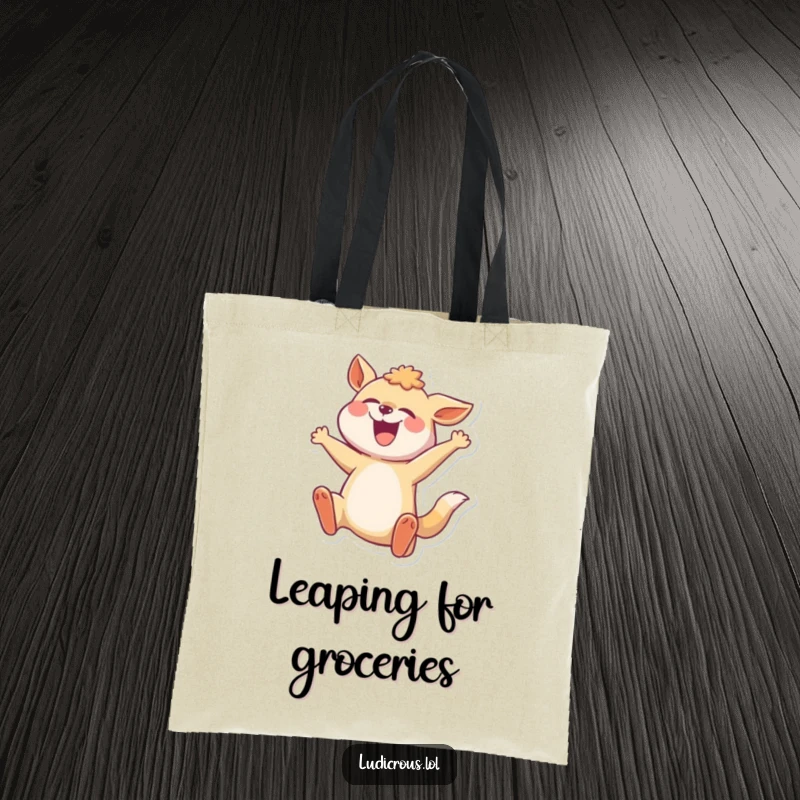 Funny tote bag with a joyful animal captured in a comically exaggerated mid-leap, symbolizing boundless energy and fun.