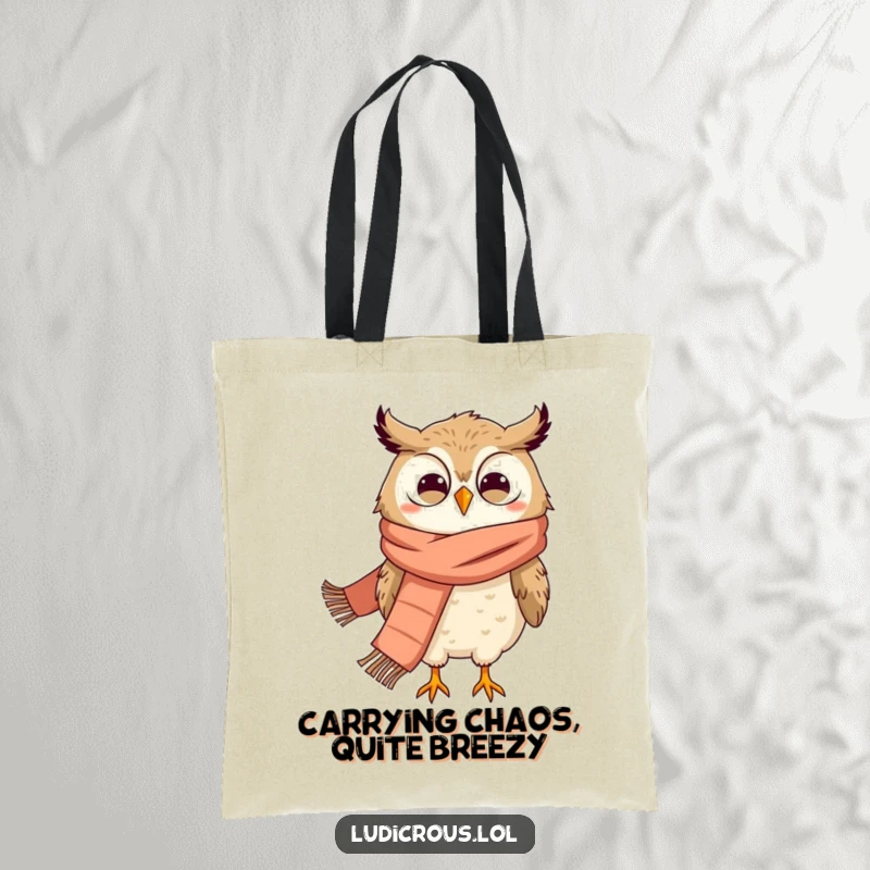 Funny tote bag displaying a grinning owl in a large scarf, being hilariously blown sideways by the wind.