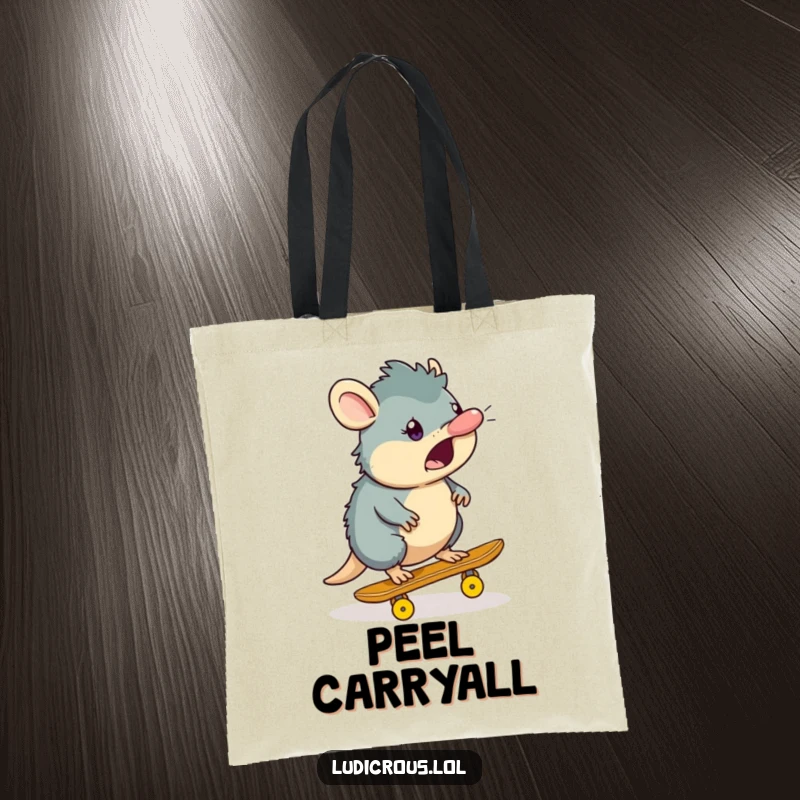 Funny platypus tote bag depicting a surprised platypus character comically skateboarding on a banana peel, a practical and humorous accessory.