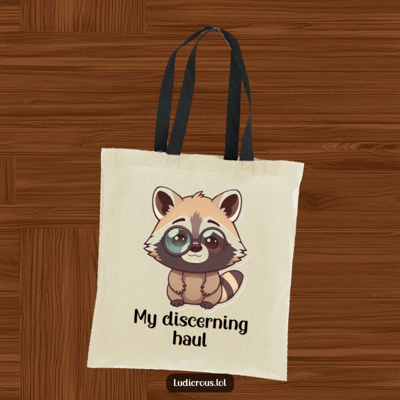 Funny raccoon tote bag showcasing a curious bandit in a comically oversized monocle, looking perplexed, perfect for carrying essentials with intellectual charm.