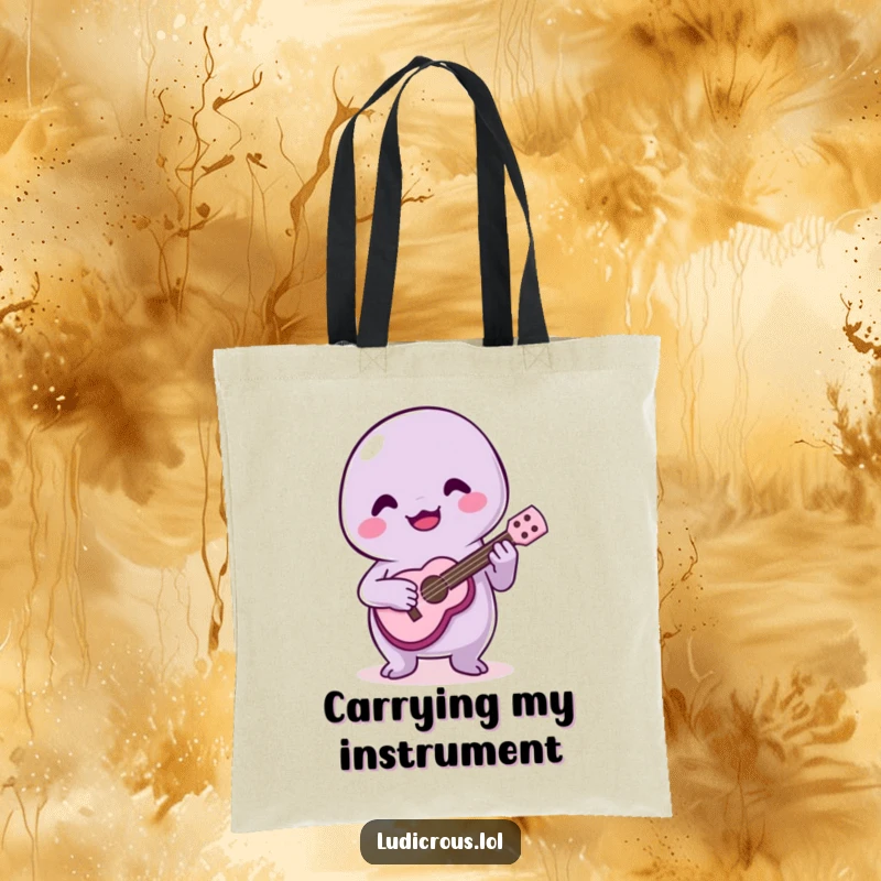 Funny tote bag illustration of a happy slime creature playing a tiny ukulele poorly, radiating pure, unadulterated joy.