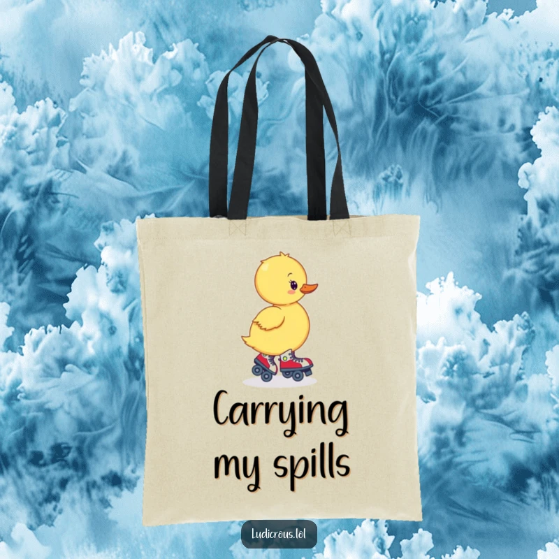Funny tote bag with a wobbly duckling hilariously trying to roller skate backward, perfect for a humorous and practical gift.