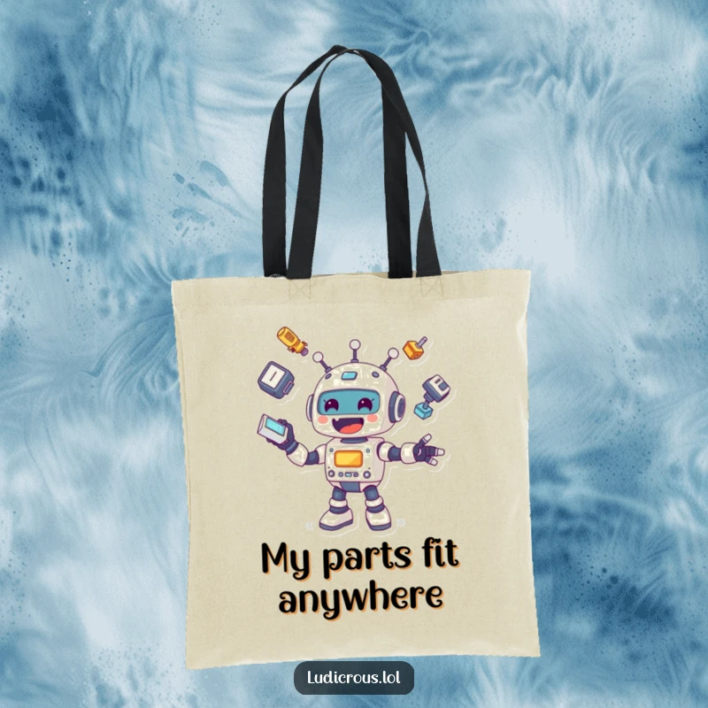 Funny tote bag illustration of a cheerful robot enthusiastically juggling a pile of its own disembodied limbs and head in a comical display.